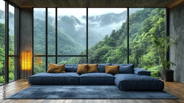 Fototapeta Mountain view living room with sectional sofa and floor lamp