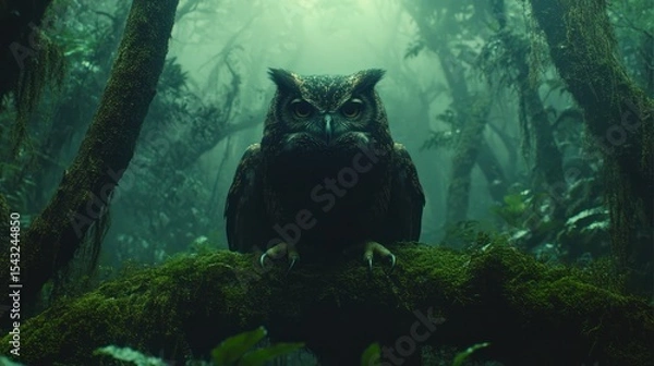 Fototapeta Mysterious owl in a dense, misty forest