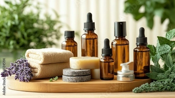 Fototapeta Natural skincare and spa products displayed on a wooden tray.  Herbal and aromatherapy themed