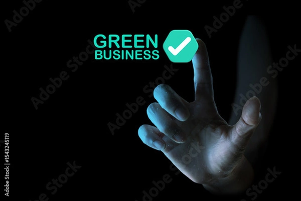 Fototapeta Hand Pointing to Green Business Check Mark Icon on Black Background