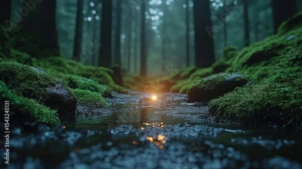 Fototapeta Mystical forest stream glows with light