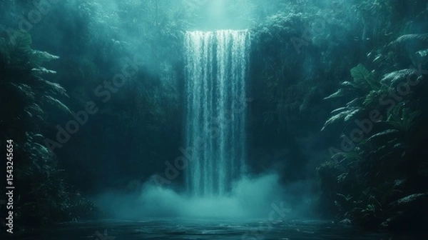 Fototapeta Mystical waterfall cascading into misty pool, lush foliage surrounds