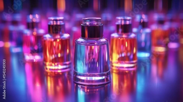 Fototapeta Neon-lit perfume bottles, vibrant hues, glass, reflective surface