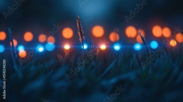 Fototapeta Night scene, grass illuminated by colorful bokeh lights