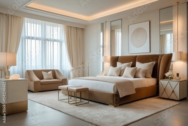 Obraz Modern luxury bedroom design featuring soft colors and elegant furnishings in a bright, spacious hotel suite