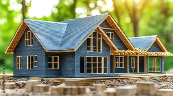 Fototapeta New home construction model, wood frame, gray siding, sits on dirt