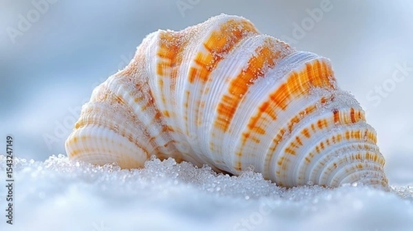 Fototapeta Orange and white seashell rests on white sand