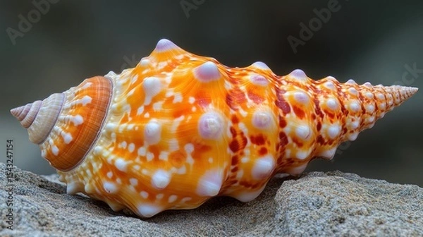 Fototapeta Orange and white spiral seashell with bumpy texture rests on sand
