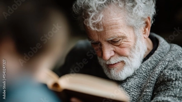 Obraz This touching image captures an elderly man lost in thought while reading a book, showcasing the bond between generations as he smiles gently at the words before him.
