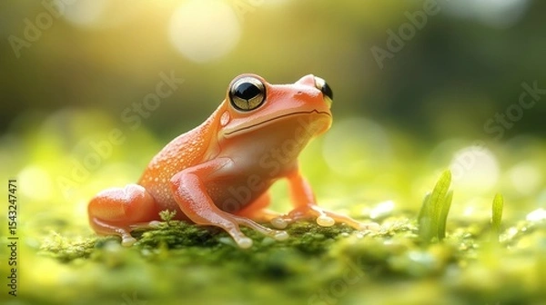 Fototapeta Orange frog sits on moss in sunlit forest