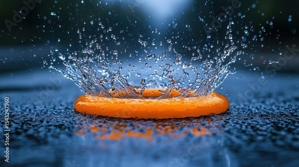 Fototapeta Orange ring impacting water, creating a vibrant splash