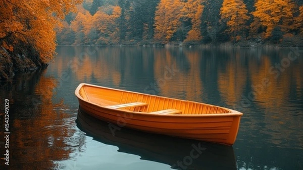Fototapeta Orange rowboat on calm autumn lake, surrounded by colorful trees