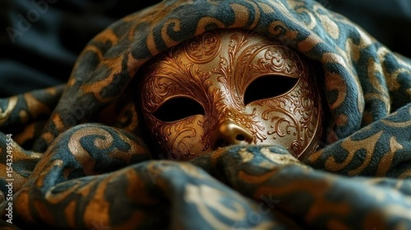 Fototapeta Ornate gold mask nestled in teal patterned fabric