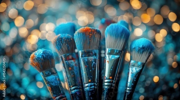 Fototapeta Paint-splattered brushes against a bokeh background