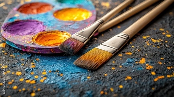 Fototapeta Paintbrushes rest on a colorful palette and textured surface, splattered with paint