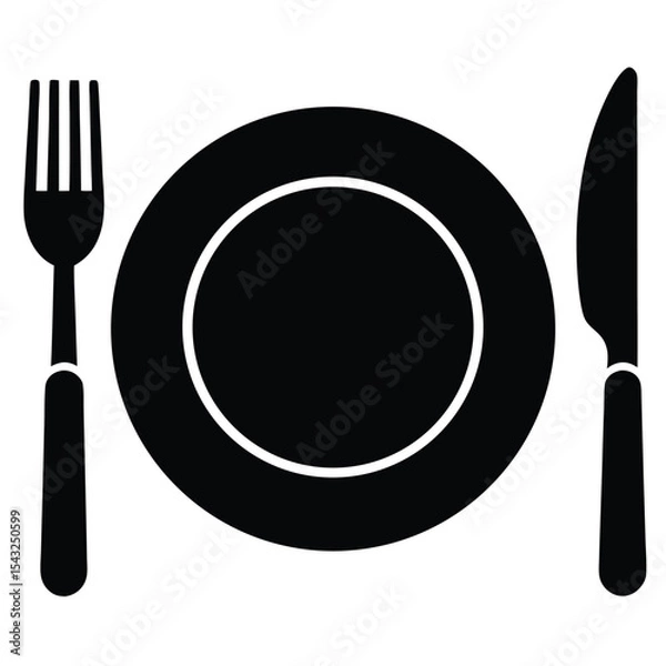 Fototapeta Simple black and white illustration of a place setting with fork plate and knife