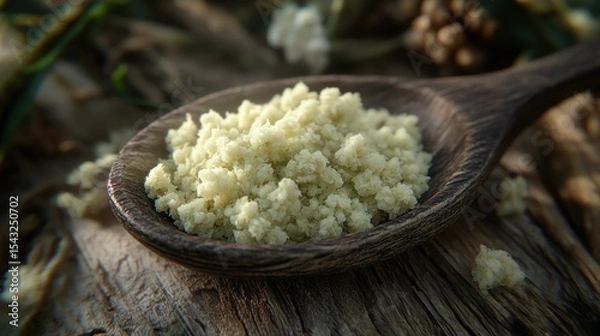 Fototapeta Pale, granular substance rests on a dark wooden spoon
