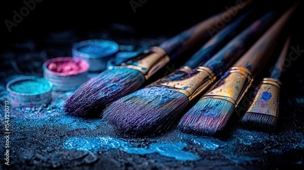 Fototapeta Paint-splattered brushes and paint pots on dark surface