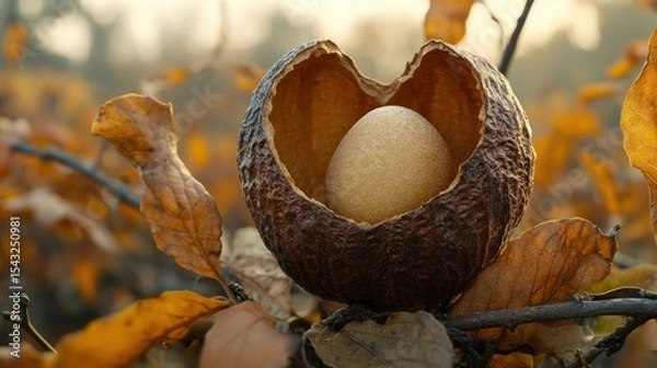 Fototapeta Pale egg nestled in heart-shaped seed pod amidst autumn leaves