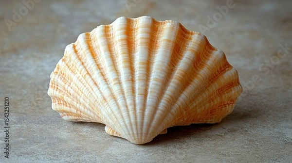 Fototapeta Pale orange seashell, ribbed, fan-shaped, rests on mottled surface