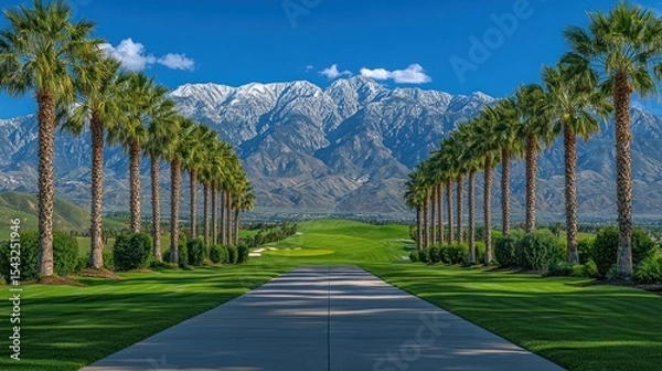 Fototapeta Palm-lined path leads to snow-capped mountains
