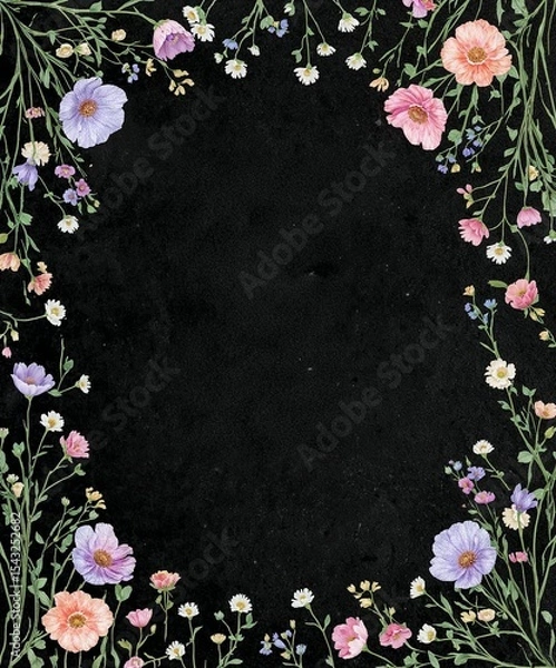 Fototapeta Floral frame with pastel colored flowers and green stems on a dark background creating a border design
