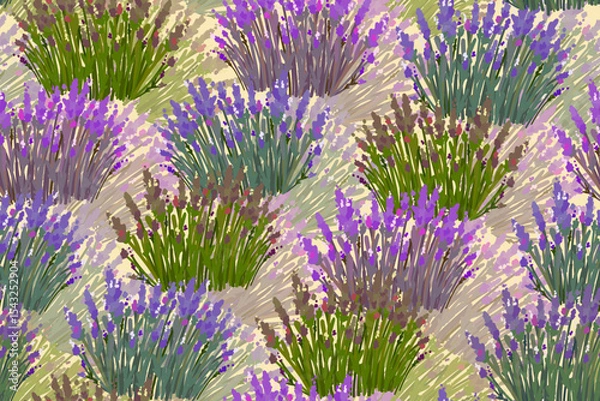 Fototapeta Lavender floral pattern. Plant freehand drawn background field meadow grass. Modern floral design for textile, banner, prints, tapestry