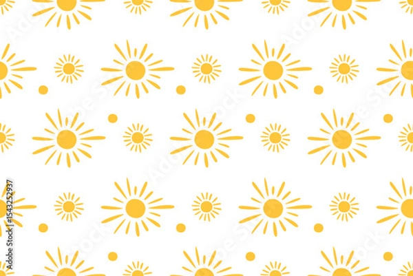 Fototapeta Seamless  sunny pattern. Solar  background. San doodle drawing hands sketch. Children's drawing. Сartoon yellow vector elements on white background