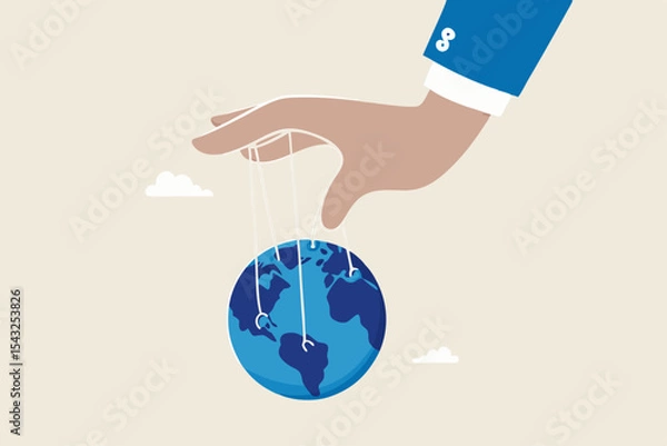 Fototapeta World domination power to manipulate or control economy, stop the war for world peace, political and conspiracy theory concept, anonymous businessman hand with puppet string to control the world.