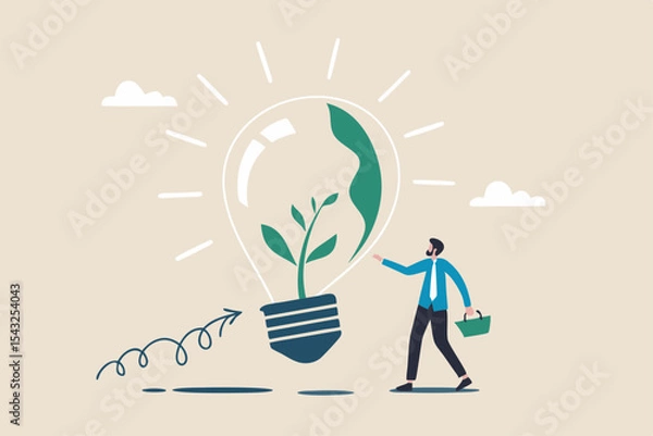 Fototapeta Ecology and sustainable business, green idea or protection against world climate change, environmental care concept, smart businessman watering seedling sprout growing inside green lightbulb idea.