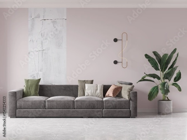 Fototapeta Mock up of a bright living room with a large comfortable sofa and a stylish decorative background, 3D rendering.