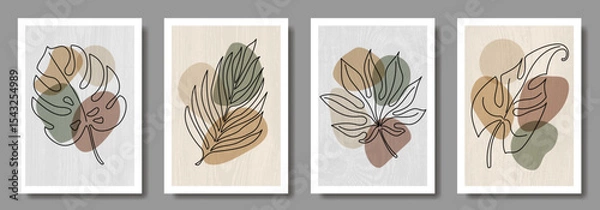 Obraz Set of abstract leaves and earth tone geometric shapes for interior. Modern wall decoration collection design for poster, cover, card. Leaves in hand drawn. Artistic template. One line drawing.
