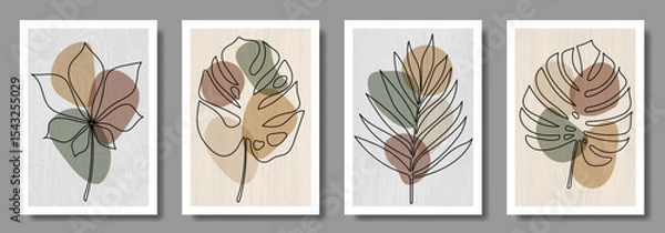 Obraz Set of abstract leaves and earth tone geometric shapes for interior. Modern wall decoration collection design for poster, cover, card. Leaves in hand drawn. Artistic template. One line drawing.