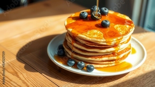 Obraz A stack of golden-brown pancakes topped with blueberries and drizzled with syrup. Warm, delicious presentation is perfect for breakfast ads and food blogs.