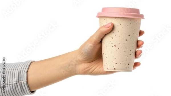 Obraz Hand holding beige speckled cup with pink lid on white background. Minimalism and purity of composition emphasize modern style. Ideal for ecology and coffee to go themes.