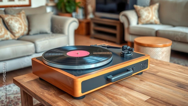 Obraz Retro turntable with vinyl record. Vintage audio equipment for lovers of analog sound. Nostalgia, style and musical inspiration.