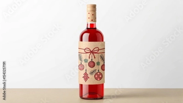 Obraz A bottle of red wine with a craft label and festive decor. The atmosphere of celebration and comfort. Ideal for holiday and gastronomy themes.