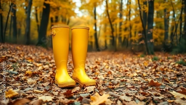 Obraz Yellow boots stand on an autumn litter of dry leaves. A walk in the forest in a warm natural palette. A great image for the theme of hiking, nature and coziness.