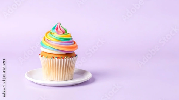 Obraz A bright cupcake with a swirl of rainbow cream on a lilac background. Suitable for advertising products, packaging and festive designs. Minimalism and color put the emphasis on the dessert.