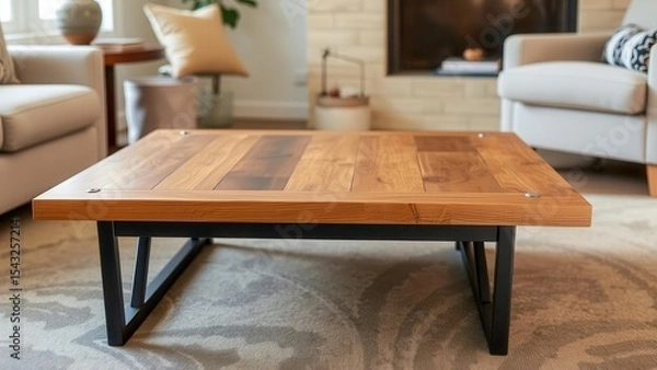 Obraz Stylish table made of natural wood and durable metal creates an accent in the room. Ideal for advertising furniture and interiors. Modern combination of textures and shapes.