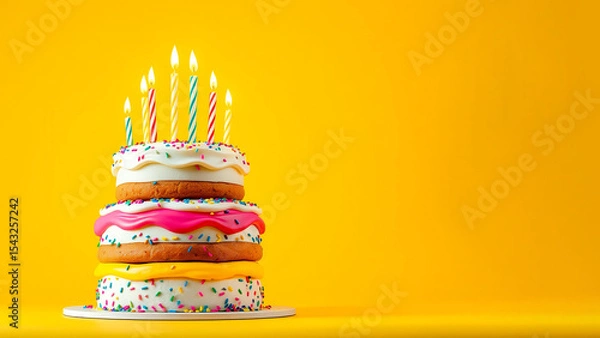 Obraz A bright cake with colorful sprinkles on a yellow background creates a festive mood. A simple composition emphasizes the sweetness. Suitable for greeting cards.