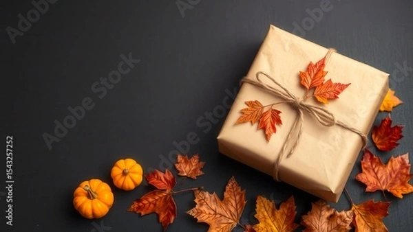 Obraz A fall gift in kraft paper with decorative pumpkins and leaves. The dark background emphasizes warm shades. Ideal for Thanksgiving or hand-made designs.