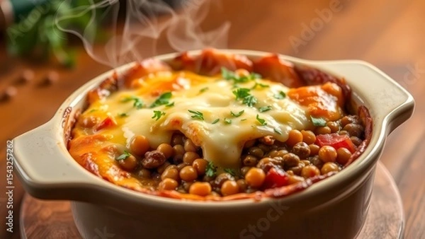 Obraz A fragrant shepherd's pie with crust, lentils, chickpeas and melted cheese served in a ceramic bowl. A home-cooked hot dish with spicy herbs. Traditional comfort food.