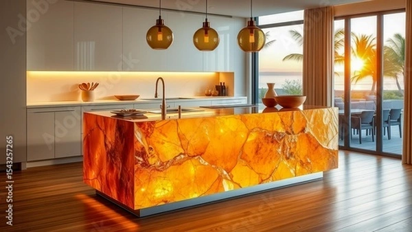 Obraz The citrine kitchen island shines with golden hues. The backlighting emphasizes the inner glow of the stone. The interior is complemented by amber lamps and gold dishes.