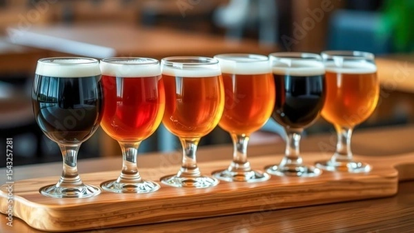 Obraz A set of tasting beers on a wooden stand with dark and light varieties. An atmosphere of coziness and taste. Ideal for advertising bars and craft drinks.
