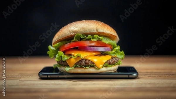 Obraz A juicy burger with melted cheese and fresh vegetables stands on the smartphone screen. Every detail is emphasized by lighting. Dark background.