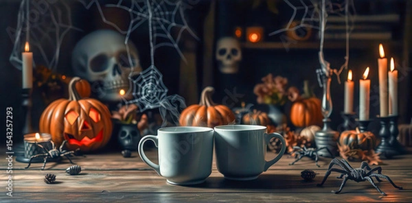 Obraz Atmospheric still life with pumpkins and coffee cups in a Halloween theme. Warm light, autumn palette and mysterious presentation. Perfect for seasonal advertising and postcards.