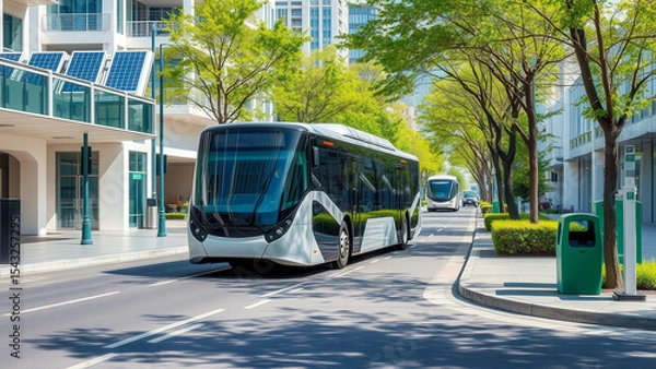 Obraz A futuristic electric bus drives through the streets of a smart city. The image emphasizes eco-friendly transport and technological development.