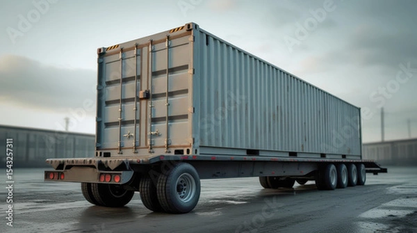 Obraz Photo of a trailer with a 40-foot container in a realistic industrial setting. Emphasis on the metal texture and structural details. Without people, in natural light.