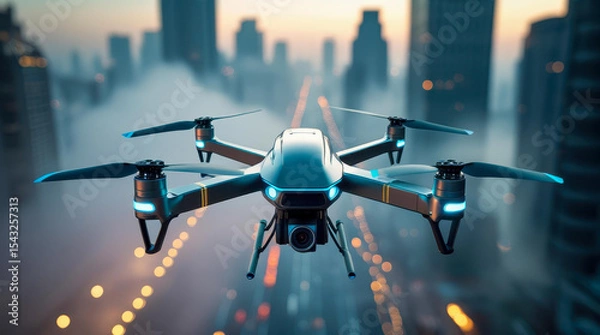 Obraz A modern drone in a dramatic shot against a blurred backdrop of skyscrapers. The low angle emphasizes strength and innovation. The light and fog create a sci-fi feel.